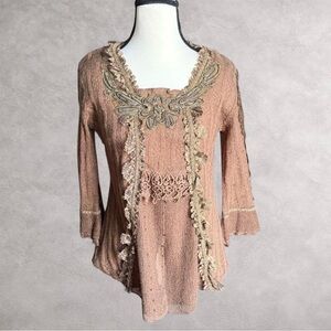 Pretty Angel Brown and Tan Lace Embellished Blouse
